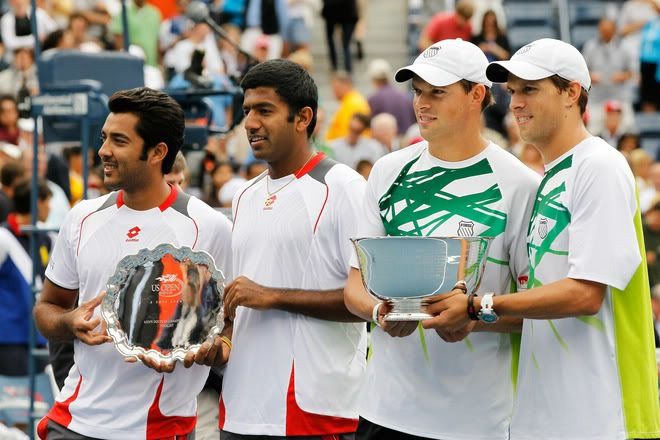 Aisam-Ul-Haq Qureshi of Pakistan, Rohan Bopanna of India, Bob Bryan of the United States and Mike Bryan of the United States hold their trophies after the men's doubles final on day twelve of the 2010 U.S. Open at the USTA Billie Jean King National Tennis Center on September 10, 2010 in the Flushing neighborhood of the Queens borough of New York City. Bryan/Bryan defeated Bopanna/Qureshi 7-6(5), 7-6(4) for the championship. (Photo by Matthew Stockman/Getty Images)