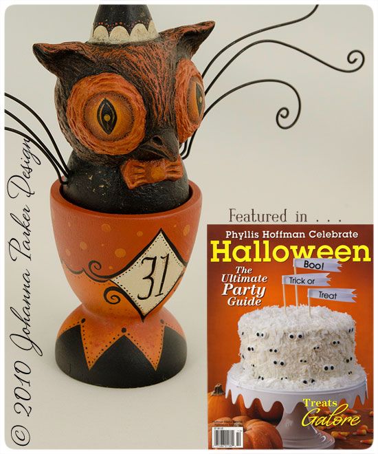 Johanna Parker,Halloween,folk art,owl,egg cup,published,Phyllis Hoffman's Celebrate Halloween,magazine