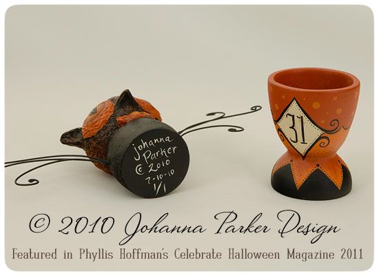 Johanna Parker,Halloween,folk art,owl,egg cup,published,Phyllis Hoffman's Celebrate Halloween,magazine