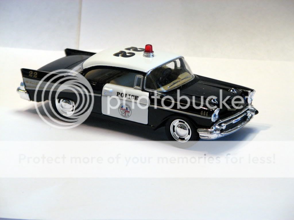 Die Cast Black White Police Car 1957 Chevrolet Chevy Pull Back Rolling Action